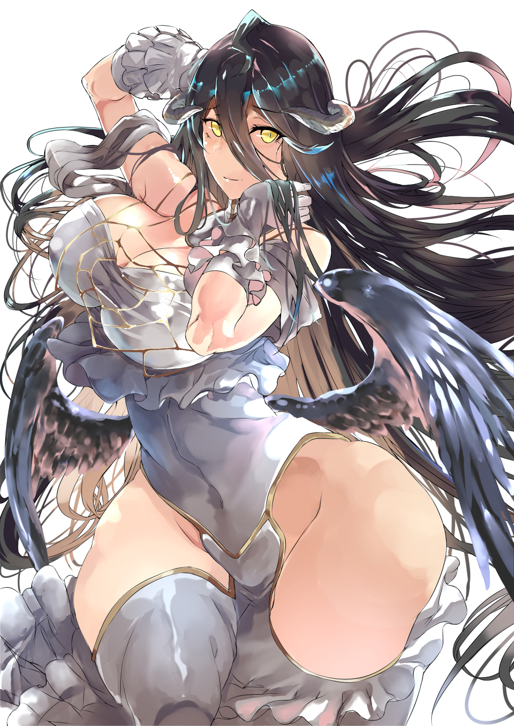 1girl, albedo, arm_behind_head, black_feathers, black_hair, black_wings, breasts, cleavage