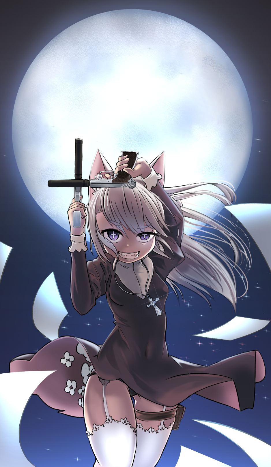 1girl, alexander_anderson, animal_ears, artist_request, cat_ears, cross, dual_wielding, evil_smile, fangs, girls_frontline, grey_hair, hellsing, highres, holding, nun, p7, p7_(girls_frontline), parody, pose, smile, solo, thigh-highs, thigh_strap