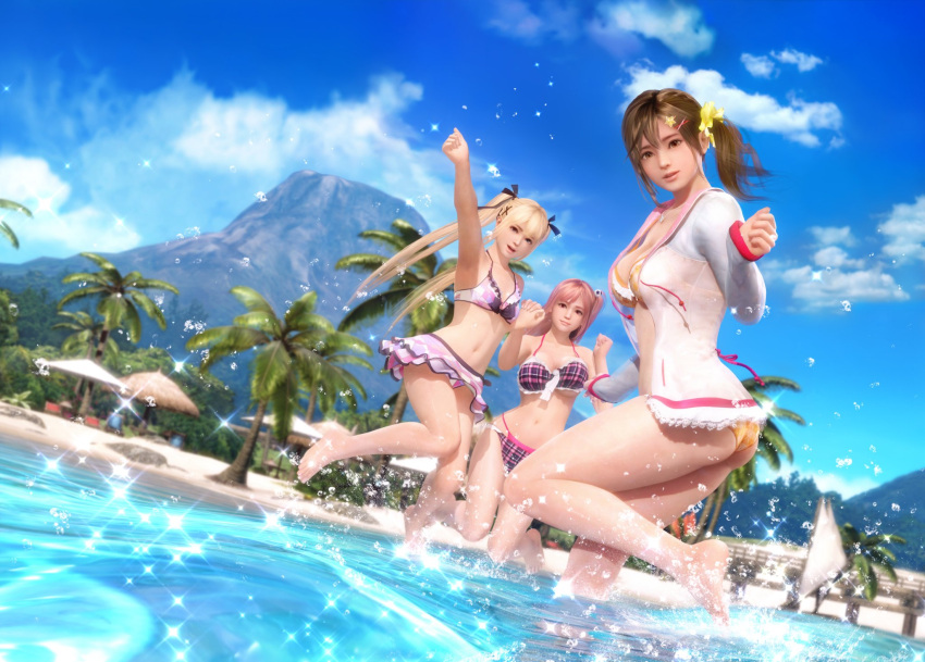 3d, 3girls, arm_up, ass, bangs, barefoot, beach, bikini