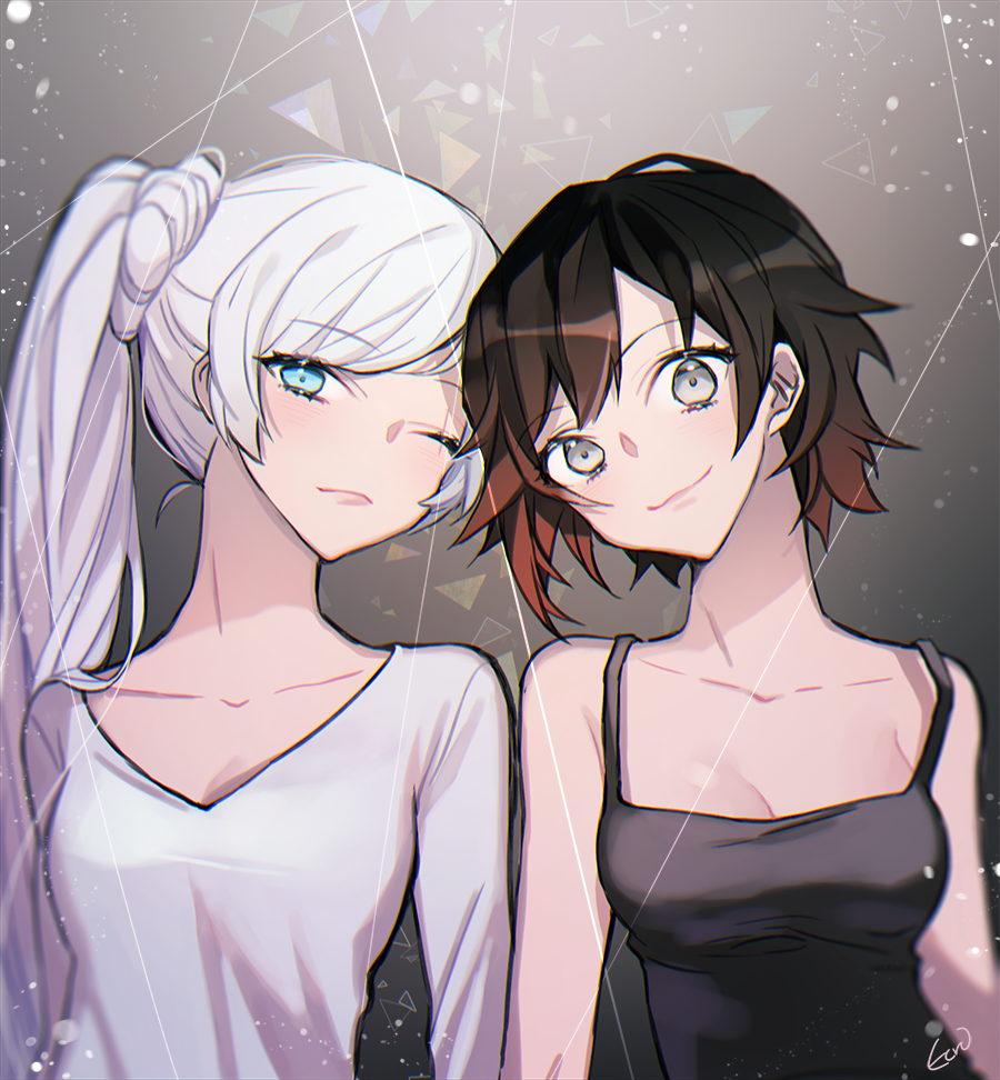 2girls, artist_name, black_background, black_singlet, blue_eyes, ecru, grey_eyes, multiple_girls, one_eye_closed, redhead, ruby_rose, rwby, scar, scar_across_eye, shirt, singlet, smile, weiss_schnee, white_hair, white_shirt