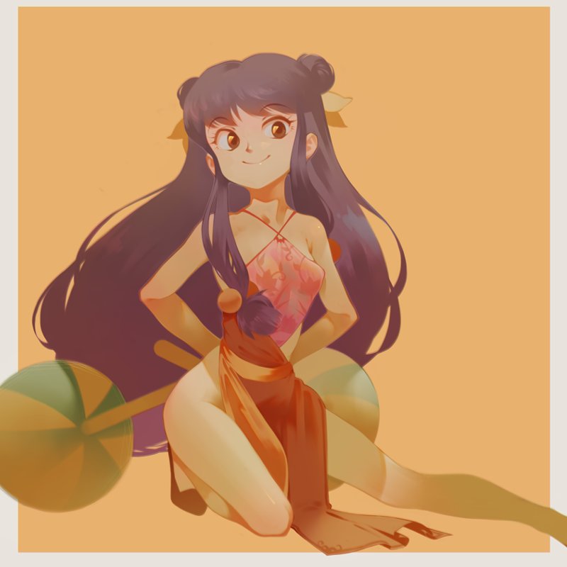 1girl, bare_legs, bell, china_dress, chinese_clothes, double_bun, dress, dual_wielding, hair_bell, hair_ornament, hair_ribbon, holding, long_hair, purple_hair, ranma_1/2, ribbon, shampoo_(ranma_1/2), simon_7617118, solo, weapon