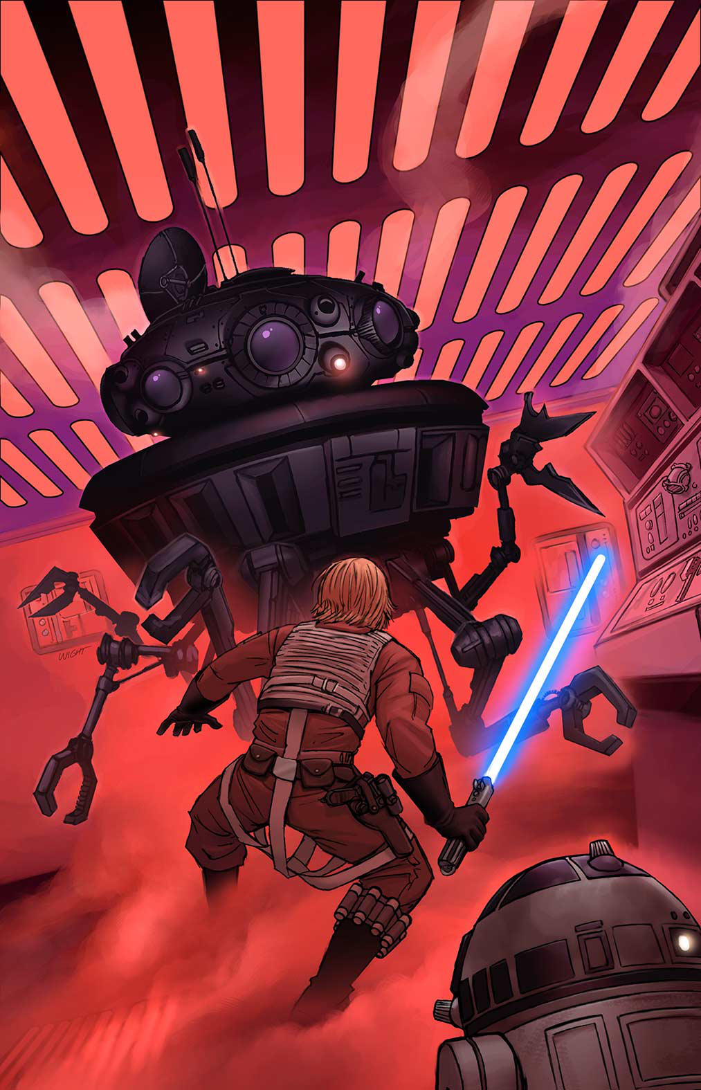 battle, blonde_hair, boots, control_panel_overlay, control_station, cover, dutch_angle, energy_sword, fake_cover, fog, gloves, highres, jedi, jedi_knight, joewight, light, lightsaber, luke_skywalker, machinery, mecha, pilot_suit, pincers, probe_droid, r2-d2, radar_dish, radio_antenna, rebel_pilot, robot, science_fiction, signature, star_wars, sword, vest, weapon