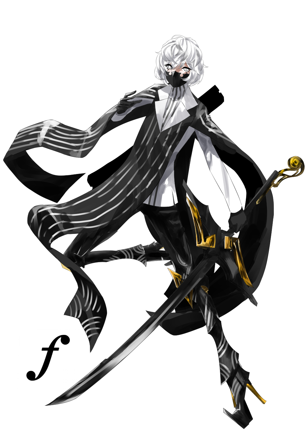 1boy, black_gloves, black_legwear, black_pants, forte_(symbol), full_body, gloves, hand_up, high_heels, highres, holding, holding_sword, holding_weapon, male_focus, original, pants, personification, solo, standing, sword, tsuki-shigure, weapon, white_hair