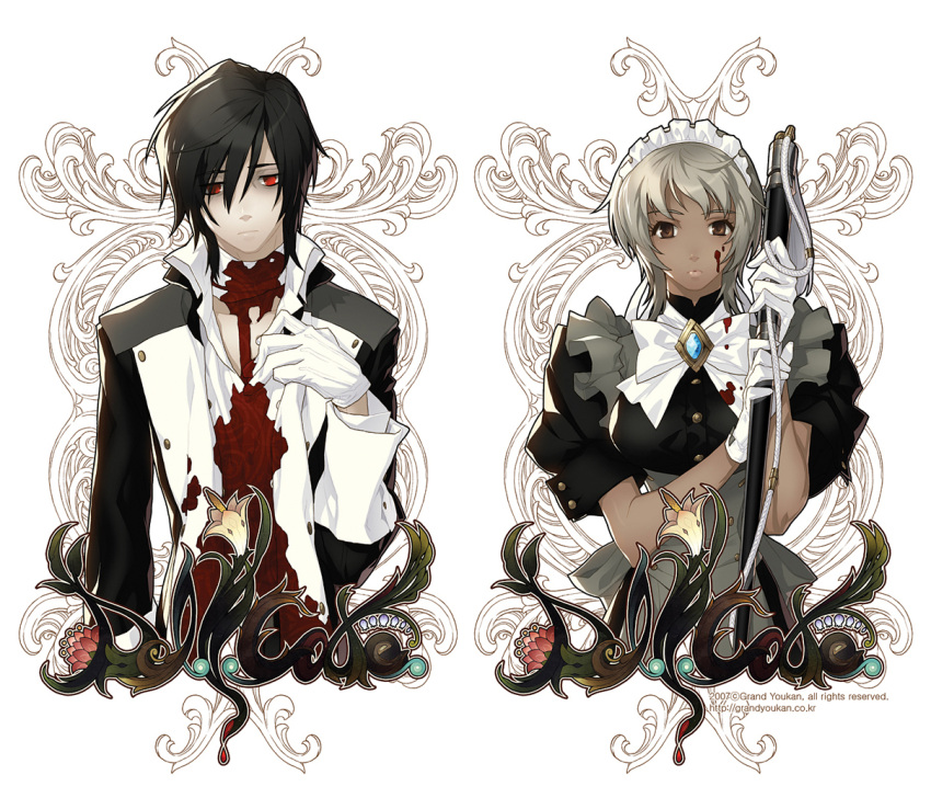 bad_id, black_hair, blood, brown_eyes, dark_skin, dress, gloves, maid, original, red_eyes, s.r., short_hair, silver_hair, tan, victorian