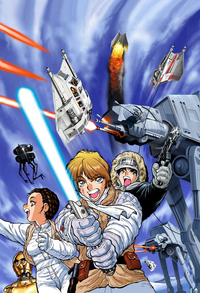 1girl, 90s, adam_warren, aiming, at-at, battle, belt, black_eyes