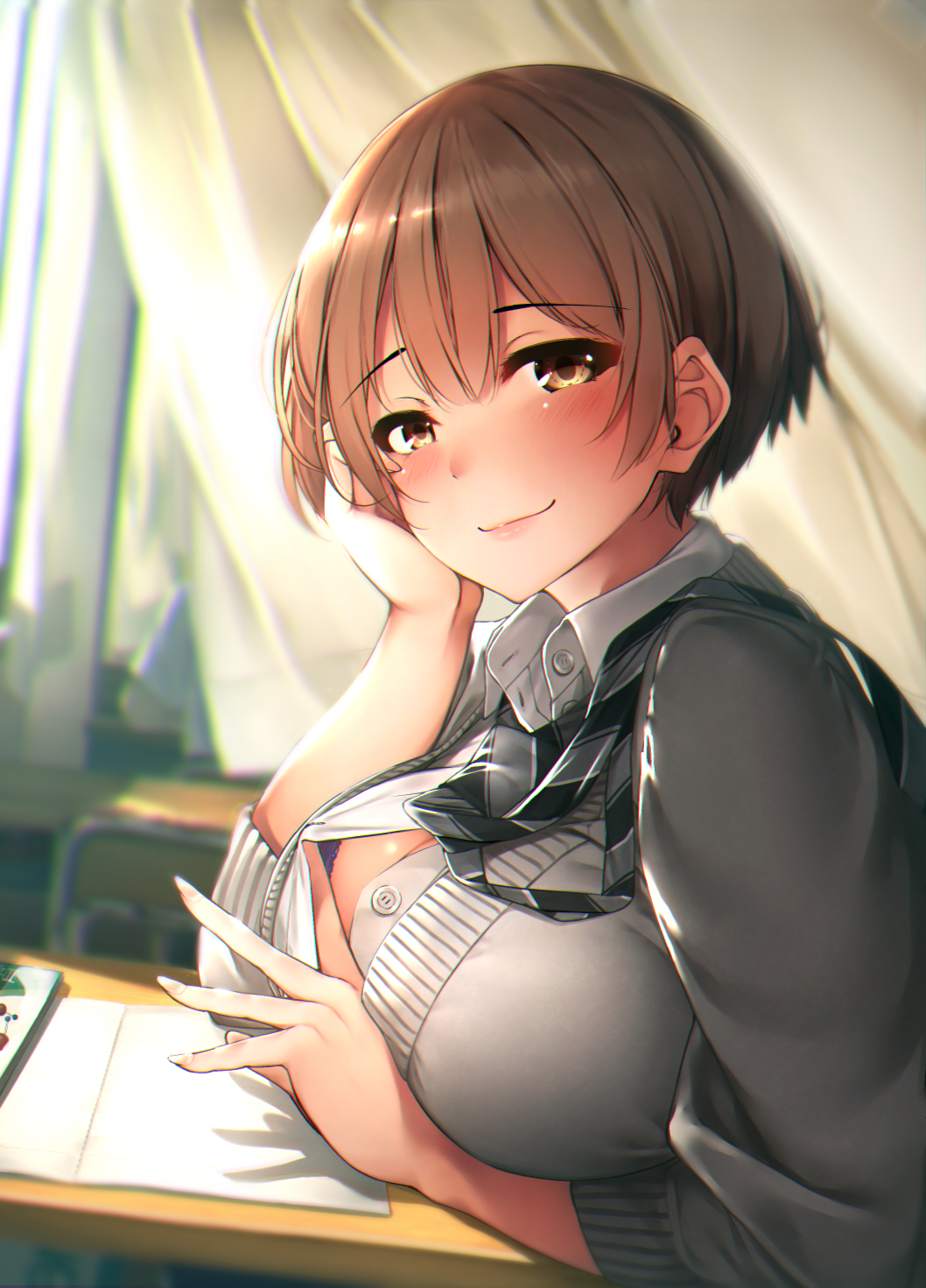 1girl, bangs, black_neckwear, blurry, blurry_background, blush, bra, breasts