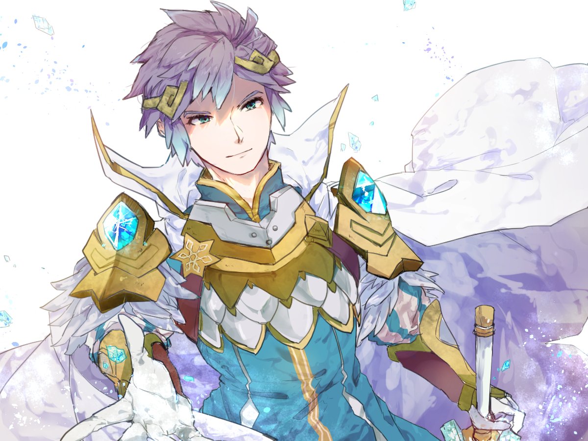 1boy, arm_guards, armor, blue_eyes, cape, fire_emblem, fire_emblem_heroes, gem, gloves, haru_hikoya, holding, holding_sword, holding_weapon, hrid_(fire_emblem_heroes), looking_at_viewer, nintendo, pauldrons, purple_hair, solo, sword, weapon