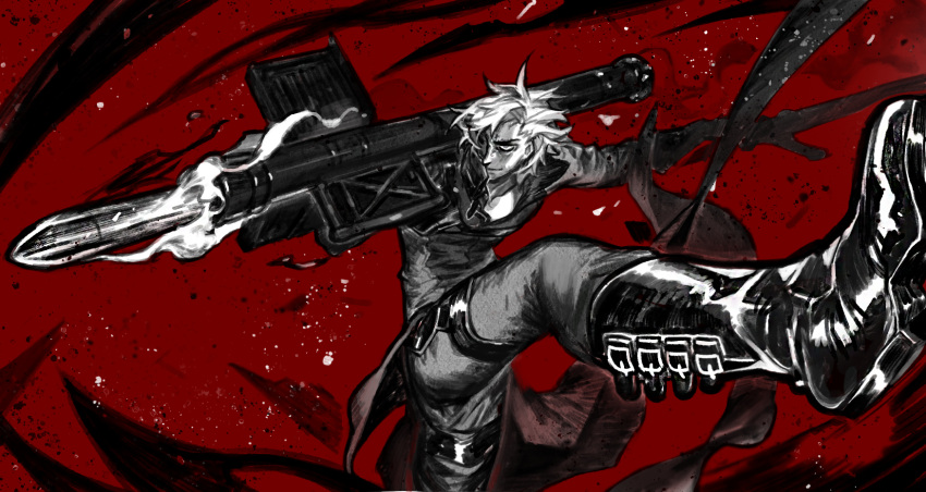 1boy, belt_boots, boots, contrapposto, dante_(devil_may_cry), debris, devil_may_cry, devil_may_cry_(series)