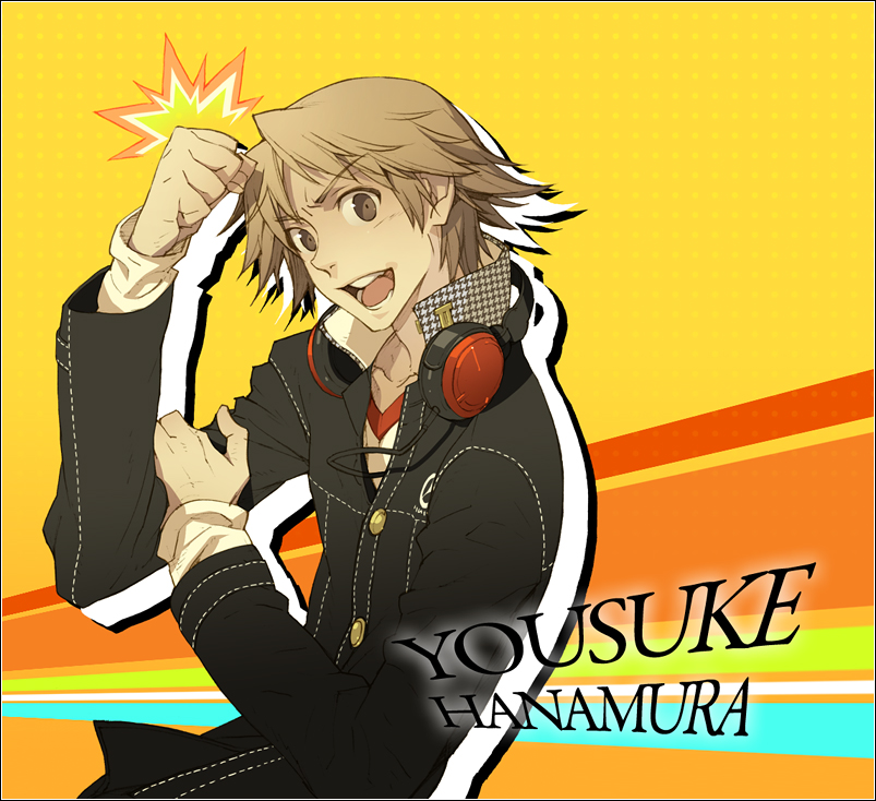 brown_eyes, brown_hair, hanamura_yousuke, headphones, headphones_around_neck, male, persona, persona_4