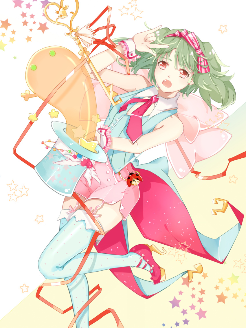 1girl, \m/, arm_up, bare_shoulders, bow, breasts, coattails, fang