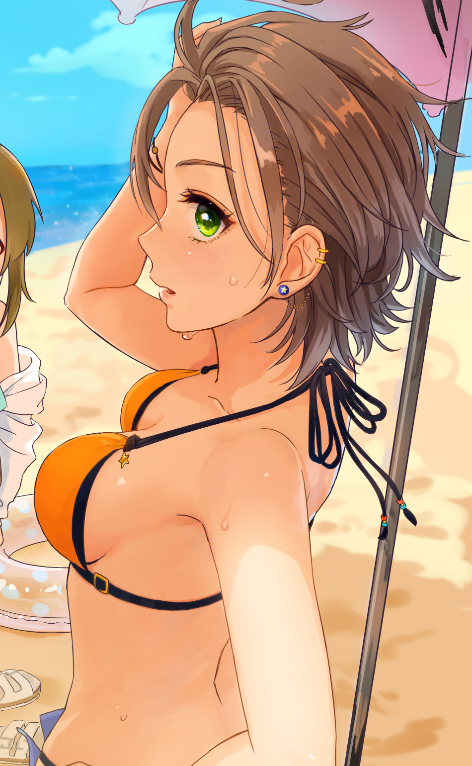 2girls, blue_sky, breasts, brown_hair, cleavage, collarbone, green_eyes, halterneck, hand_in_hair, highres, idolmaster, idolmaster_cinderella_girls, kimura_natsuki, machi-z, medium_breasts, multiple_girls, open_mouth, orange_bikini_top, outdoors, parasol, short_hair, sideboob, sky, solo_focus, sweat, umbrella
