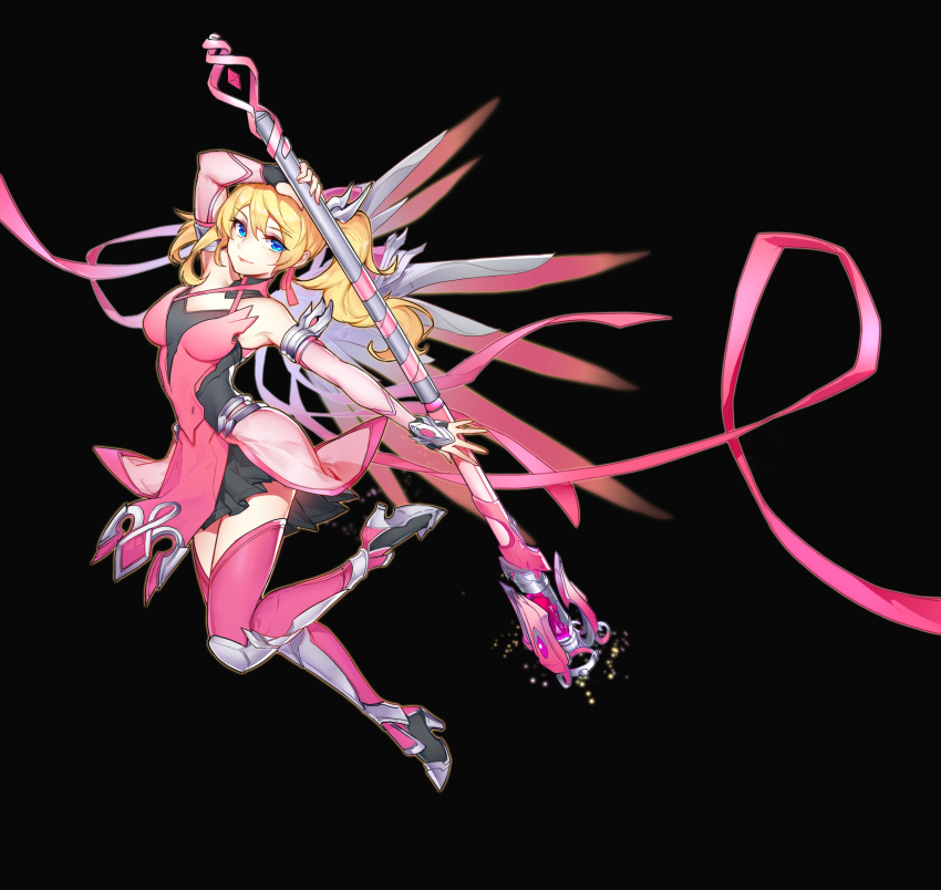 1girl, alternate_costume, alternate_hairstyle, arm_up, bare_shoulders, black_background, black_skirt, blonde_hair