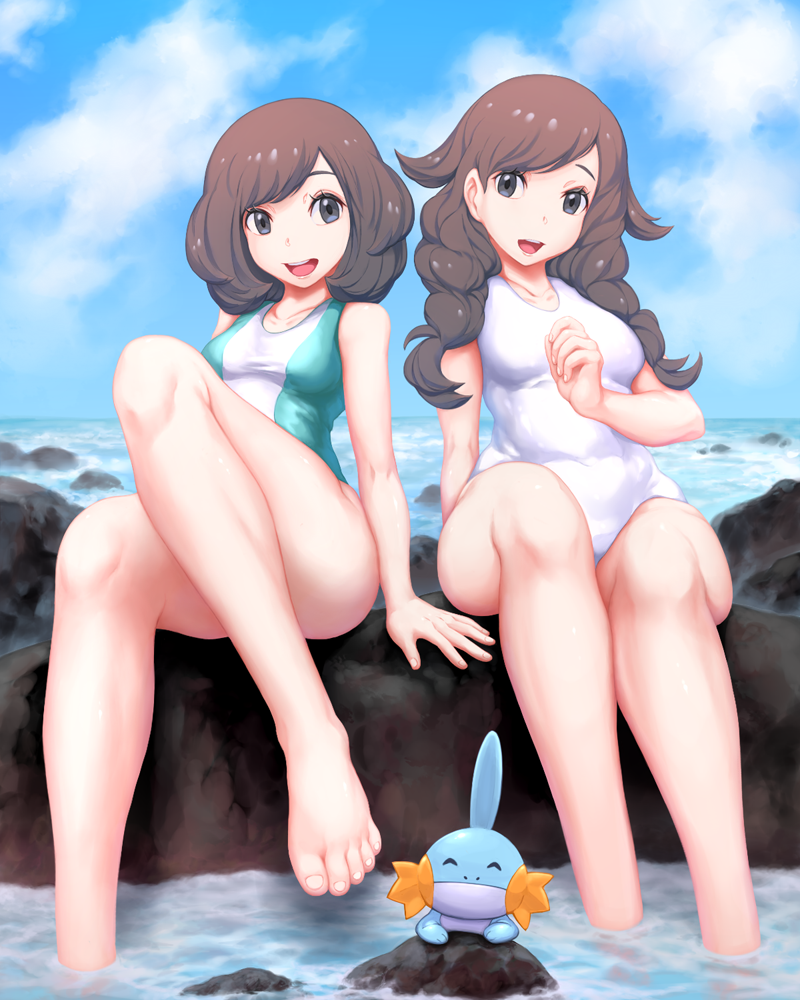 2girls, :d, ^_^, barefoot, black_eyes, black_hair, blue_sky, braid