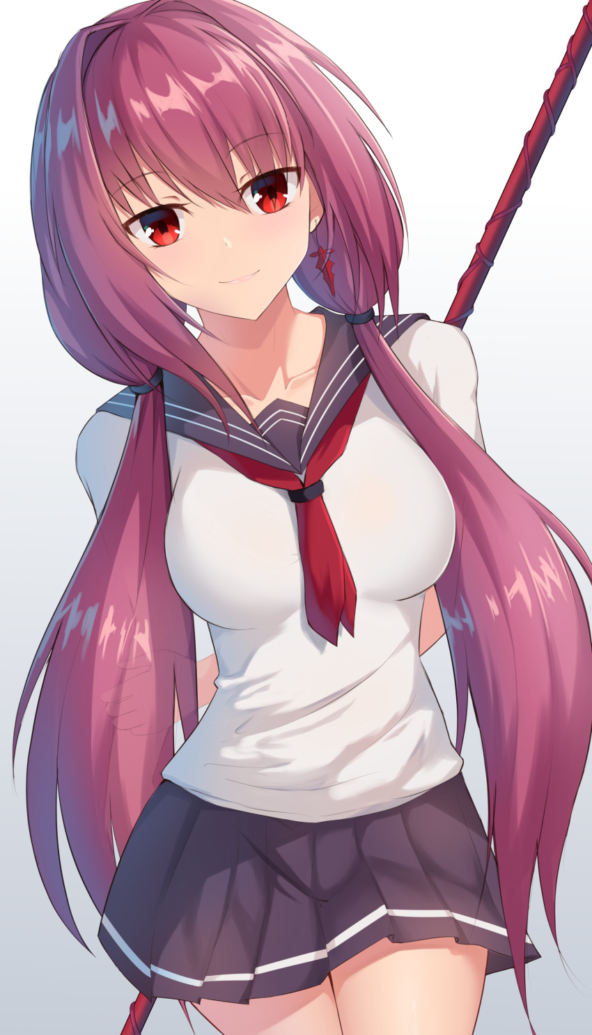 1girl, absurdres, alternate_costume, arms_behind_back, black_skirt, closed_mouth, earrings, eyebrows_visible_through_hair