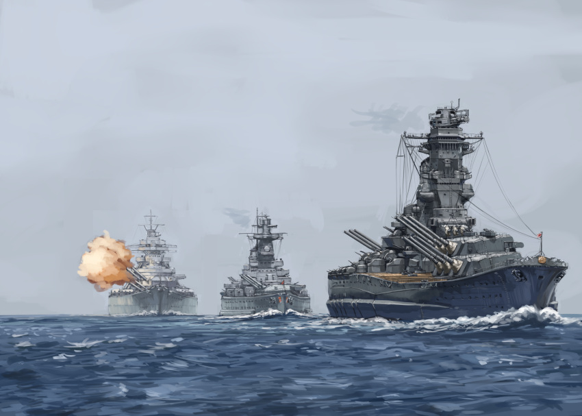 admiral_graf_spee_(battleship), battleship, bismarck_(battleship), cannon, commentary, day, highres, hozumi_(ouchan)