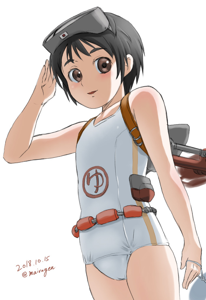 1girl, bangs, black_hair, brown_eyes, dated, diving_mask, diving_mask_on_head, flat_chest
