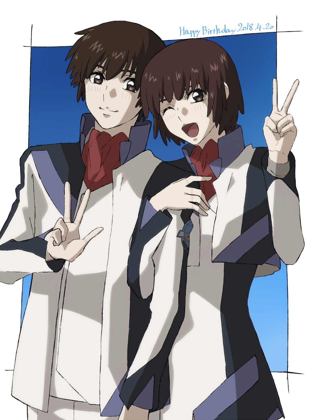 1boy, 1girl, ;d, arm_hug, bangs, blush, brother_and_sister, brown_eyes