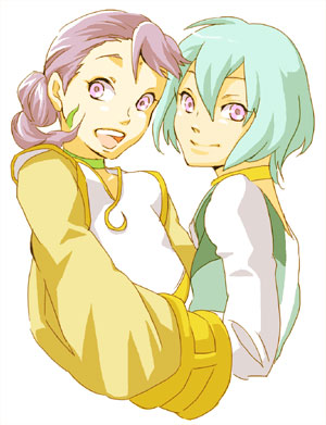 blue_hair, eureka, eureka_7, eureka_seven, eureka_seven_(series), lowres, multiple_girls, purple_eyes, purple_hair, sakuya, sakuya_(e7), sakuya_(eureka_seven), short_hair, simple_background, smile, tattoo, twintails, violet_eyes
