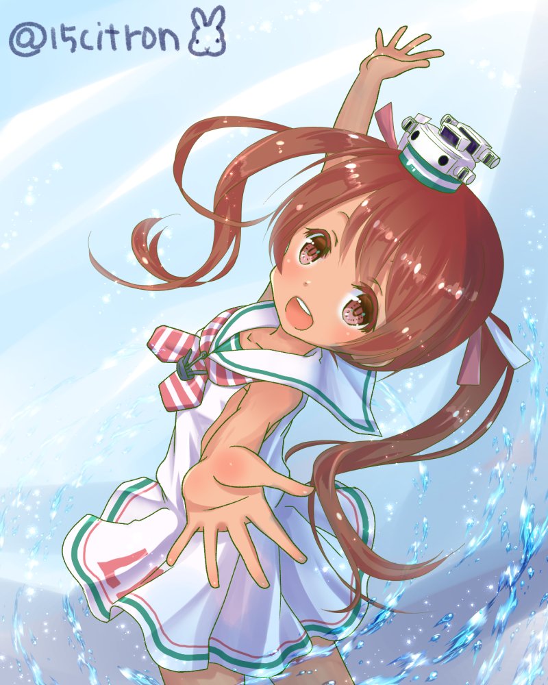 15citron, 1girl, brown_eyes, brown_hair, commentary_request, cowboy_shot, dress, from_above, hat, kantai_collection, libeccio_(kantai_collection), long_hair, looking_at_viewer, looking_up, mini_hat, neckerchief, open_mouth, outstretched_arms, sailor_dress, sleeveless, sleeveless_dress, smile, solo, striped, striped_neckwear, tan, twintails, upper_teeth