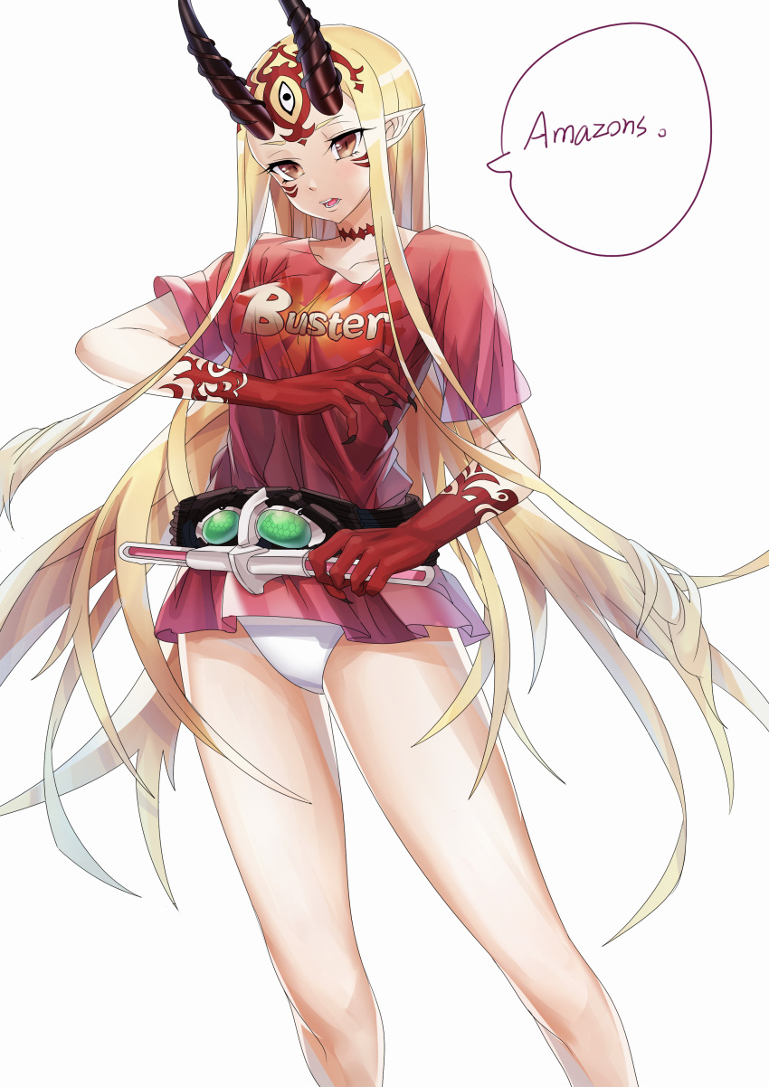 1girl, absurdres, blonde_hair, breasts, brown_eyes, buster_shirt, clothes_writing, collarbone