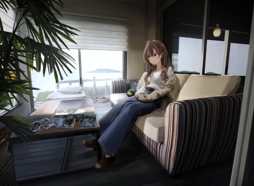 1girl, belt, blue_eyes, brown_hair, closed_mouth, coffee, coffee_mug, coffee_table