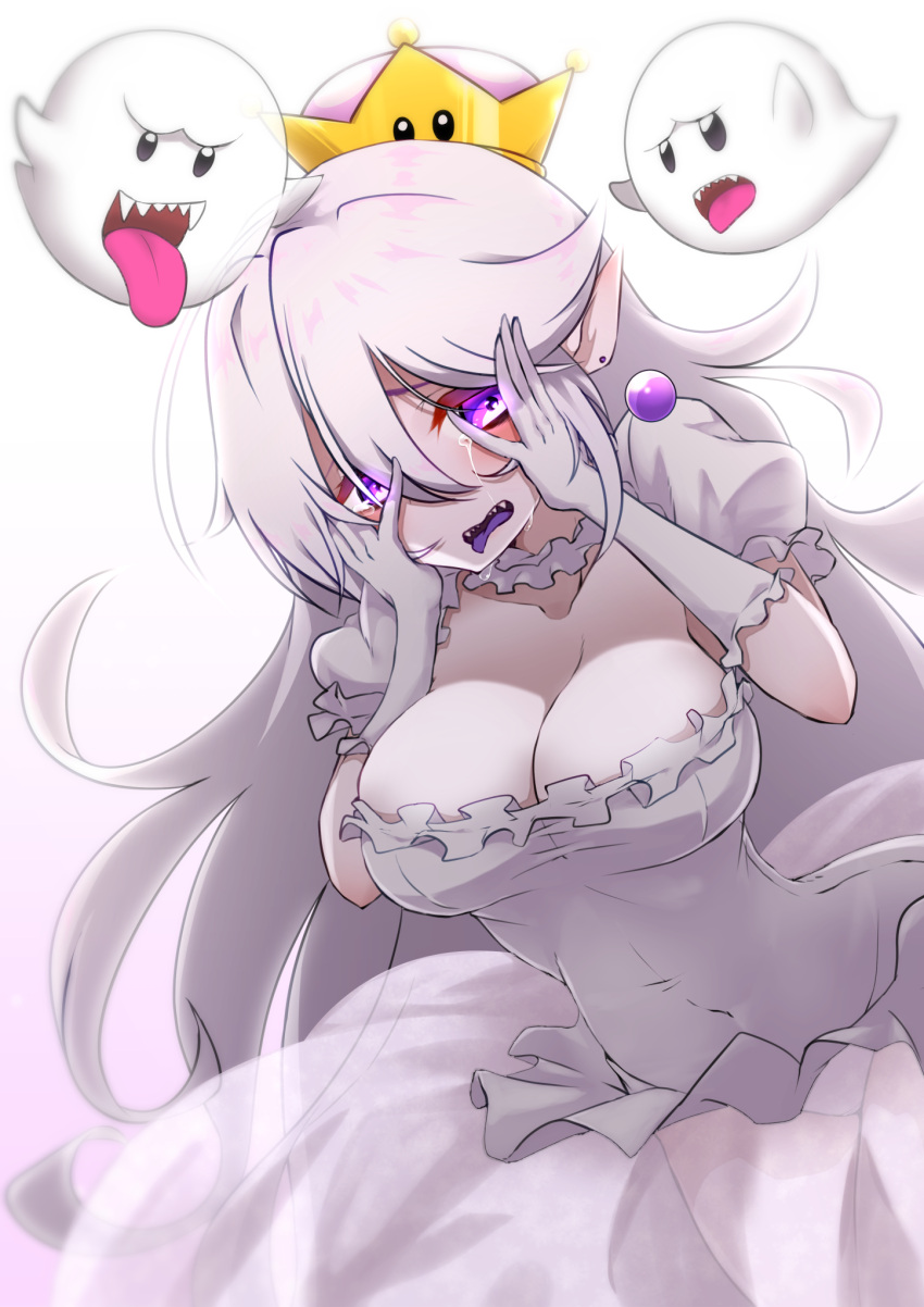 1girl, :p, boo, breasts, choker, cleavage, commentary_request, covered_navel
