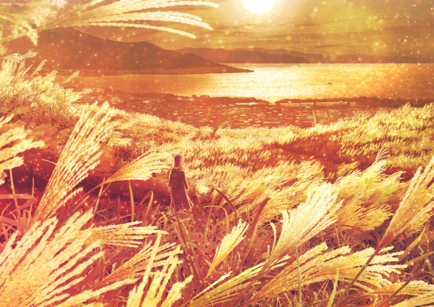 1girl, backpack, bag, blurry, blurry_foreground, commentary_request, depth_of_field, facing_away, from_behind, grass, kun52, lake, light_particles, long_sleeves, original, scenery, skirt, solo, standing, sunset, susuki_grass, yellow