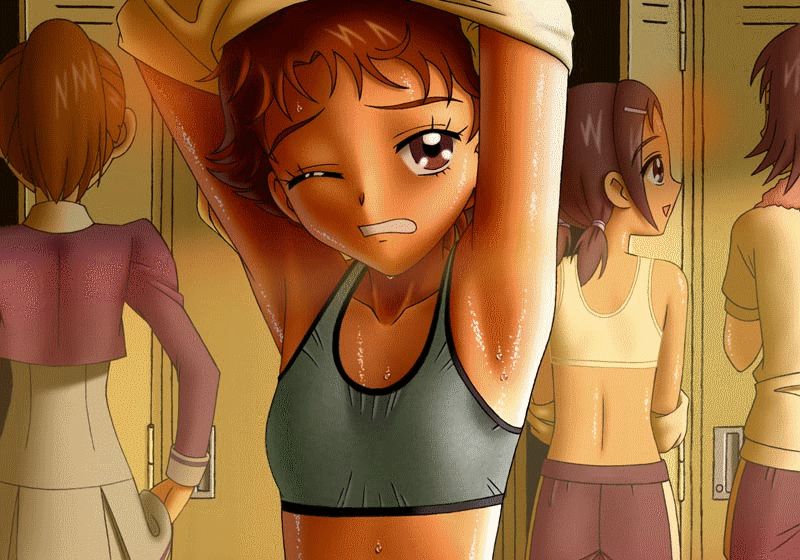 armpits, asahina_(asahinatei), bra, brown_eyes, brown_hair, lingerie, locker, locker_room, multiple_girls, natsuhina, natsuki_rin, precure, pretty_cure, school_uniform, shiny, shiny_skin, short_hair, sports_bra, sweat, sweating, underwear, undressing, wet, yes!_precure_5, yes!_pretty_cure_5