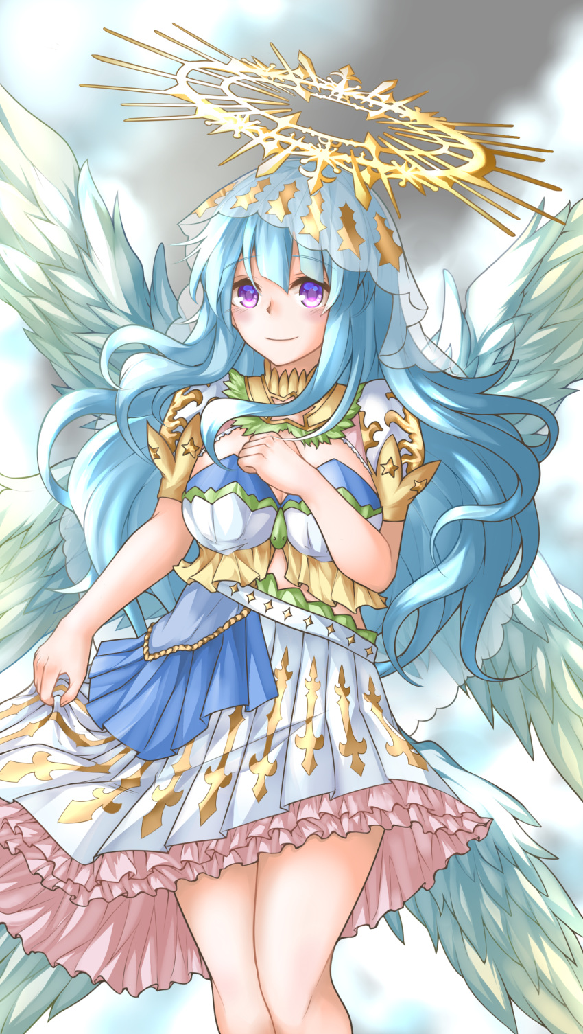 1girl, absurdres, angel, angel_wings, blue_hair, blush, breasts, bridal_veil