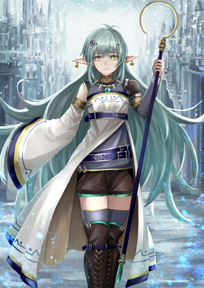 1girl, ahoge, aqua_hair, armlet, arms_up, bangs, belt, black_shorts, blurry, boots, city, commentary, cross-laced_footwear, depth_of_field, detached_sleeves, earrings, elf, english_commentary, expressionless, eyebrows_visible_through_hair, fantasy, feet_out_of_frame, hair_between_eyes, hair_ornament, high_collar, highres, holding, holding_staff, jewelry, kaze_minoru_so-ru, knee_boots, light_blue_legwear, long_hair, looking_to_the_side, necklace, original, pointy_ears, shorts, single_detached_sleeve, snowing, solo, staff, standing, swept_bangs, thigh-highs, tunic, very_long_hair, yellow_eyes