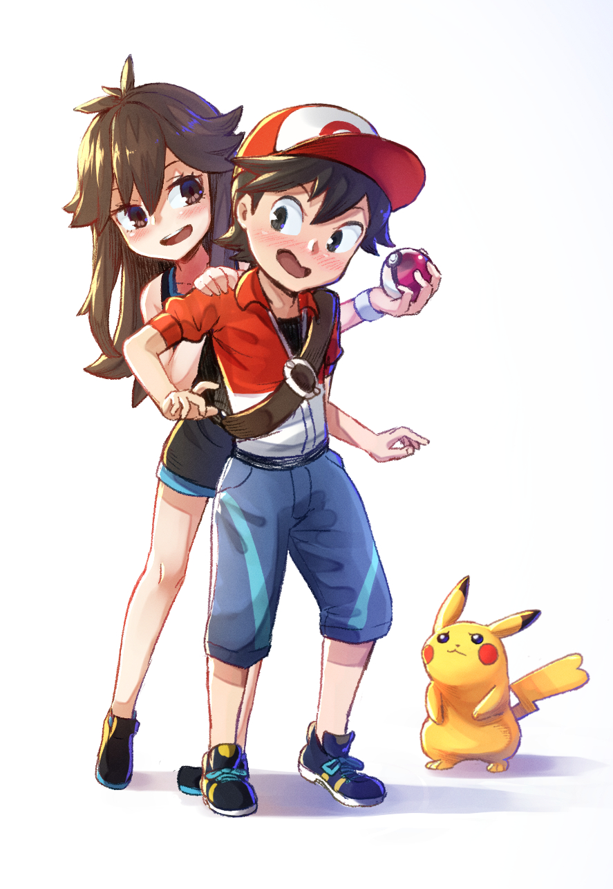 1boy, 1girl, baseball_cap, black_eyes, black_hair, black_shirt, blue_(pokemon), blue_shorts