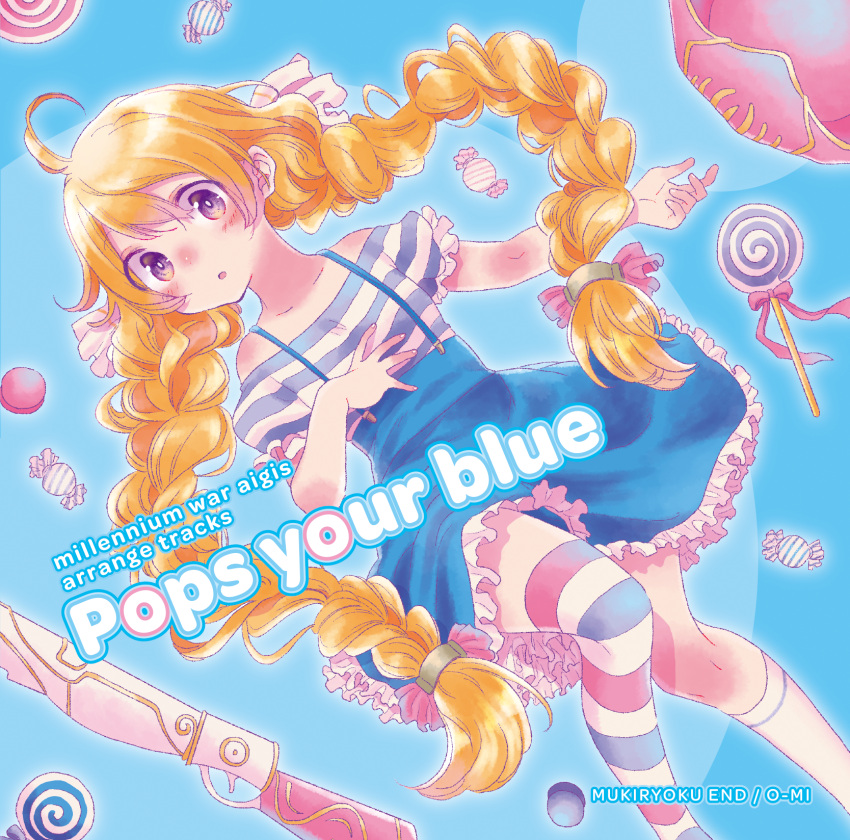 1girl, ahoge, album_cover, asymmetrical_legwear, blonde_hair, blue_background, blue_skirt, blush
