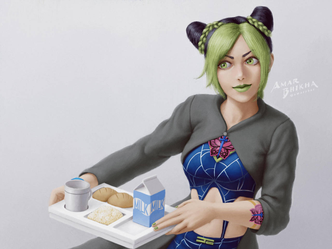 1girl, amarzbar, black_hair, bread, butterfly_tattoo, double_bun, food, green_eyes