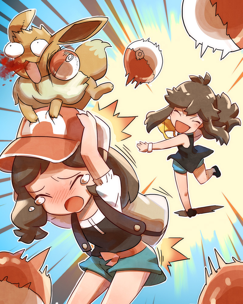 /\/\/\, 2girls, animal, animal_on_head, ayumi_(pokemon), backpack, bag, baseball_cap