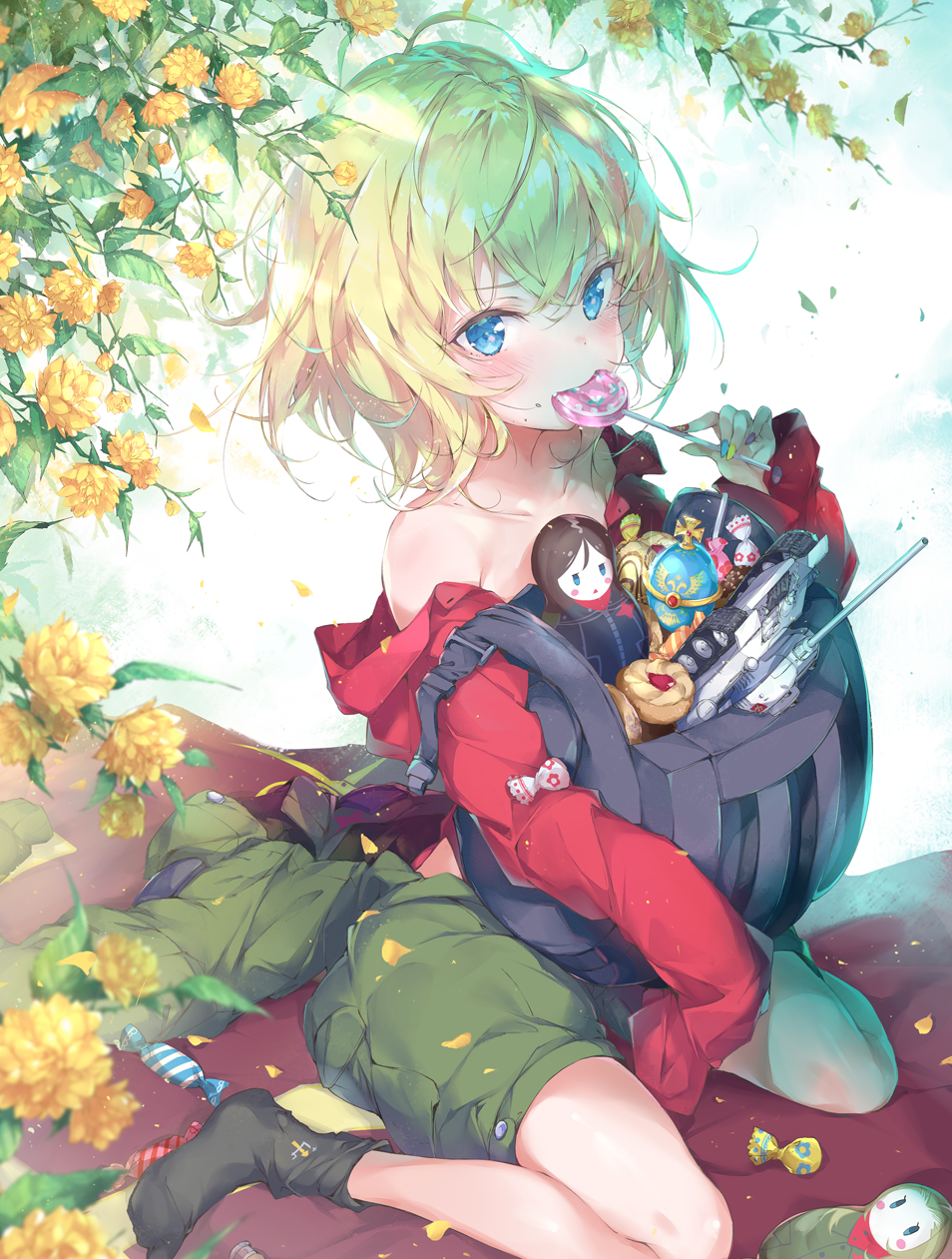 1girl, bangs, bare_shoulders, black_hat, black_legwear, blanket, candy, character_doll