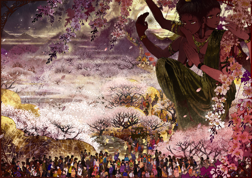 6+boys, 6+girls, armlet, arms_up, asura_(buddhism), black_hair, bracelet, buddhism, car, cherry_blossoms, commentary_request, dark_skin, extra_arms, giant, ground_vehicle, hands_together, highres, indian_clothes, jewelry, kibi_(kibi.ibik), looking_to_the_side, motor_vehicle, multiple_boys, multiple_girls, multiple_heads, necklace, one_knee, original, short_hair, stretched_earlobes, tree, yellow_eyes