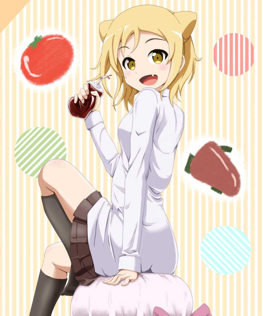 1girl, black_legwear, blonde_hair, brown_skirt, demi-chan_wa_kataritai, double_bun, drink, drinking_straw
