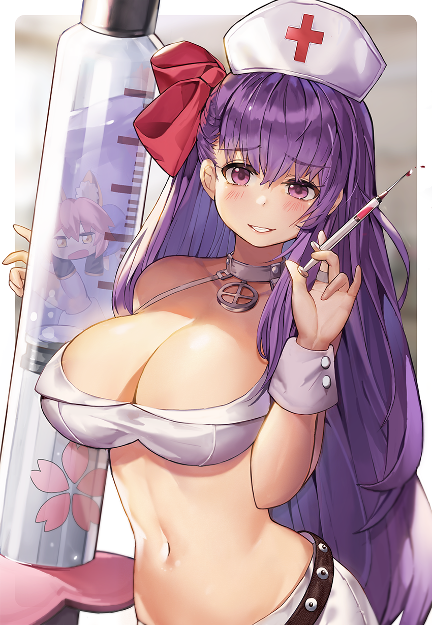 2girls, animal_ears, bandeau, bare_shoulders, bb_(fate)_(all), bb_(fate/extra_ccc), blush, breasts
