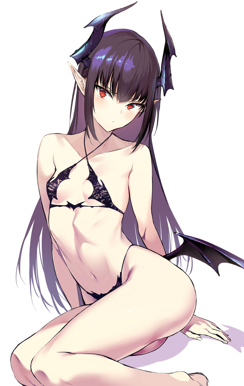1girl, absurdres, arm_support, bangs, bare_shoulders, bat_wings, blush, bra
