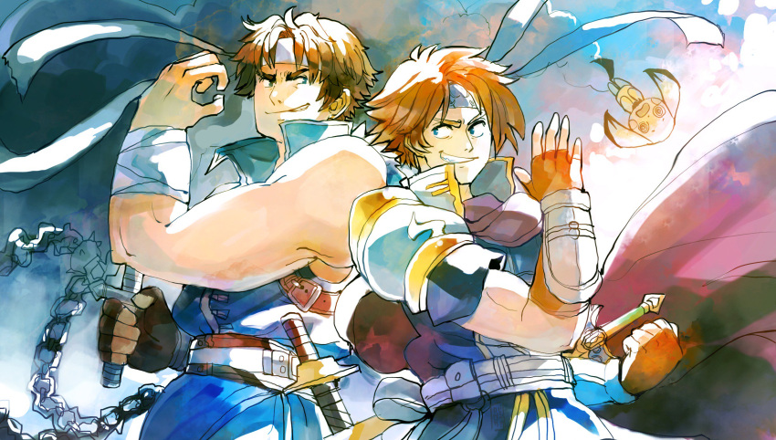 2boys, blue_armor, blue_eyes, brown_hair, castlevania, castlevania:_rondo_of_blood, fire_emblem, fire_emblem:_fuuin_no_tsurugi