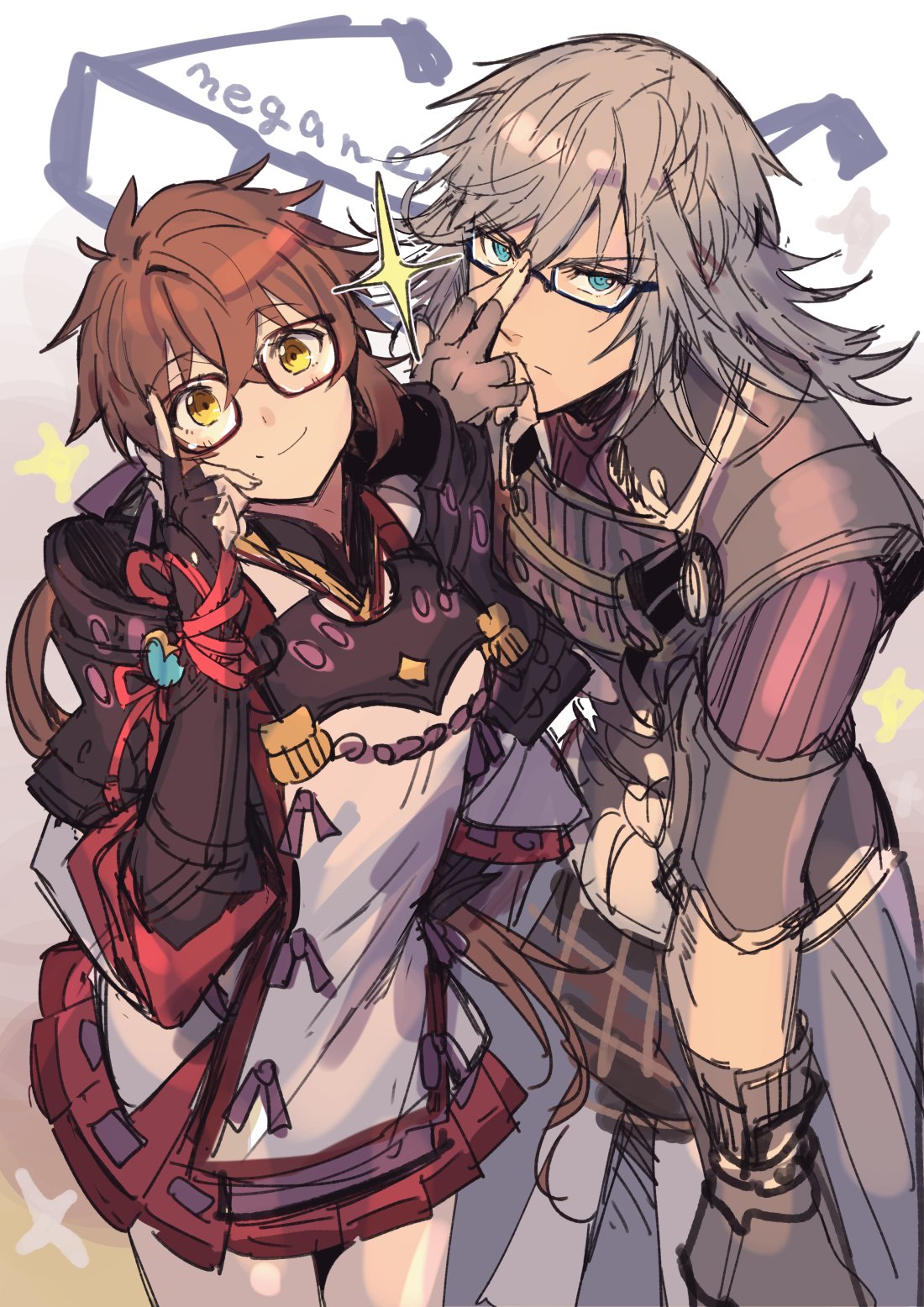1boy, 1girl, armor, blue_eyes, blush, glasses, gloves, highres