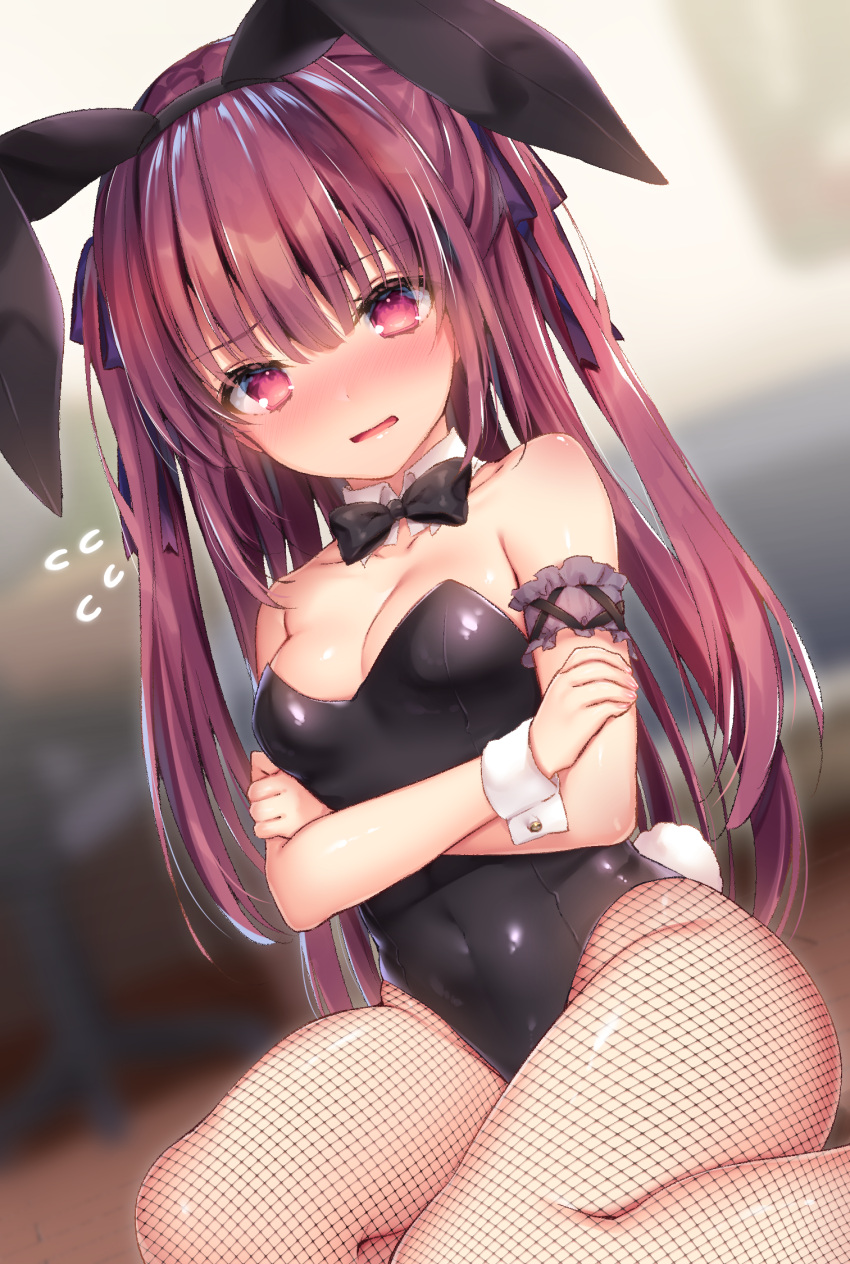 1girl, animal_ears, arm_garter, bangs, bare_shoulders, black_leotard, black_neckwear, blurry