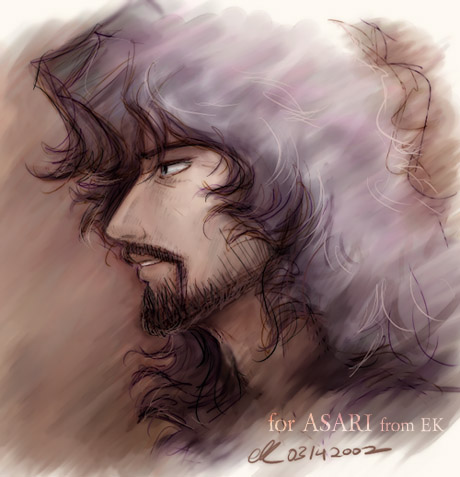 black_hair, cowboy_bebop, e.k_weaver, ek, facial_hair, long_hair, lowres, male, traditional_media, vincent_volaju