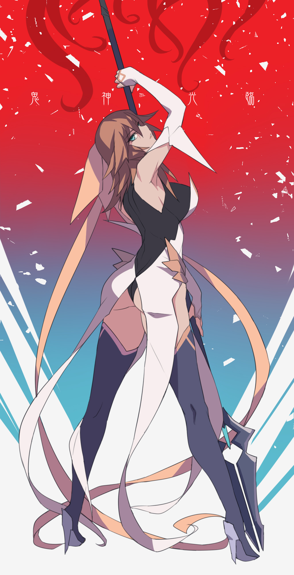 1girl, ass, ban, blue_eyes, boots, brown_hair, commentary, elbow_gloves, fingerless_gloves, full_body, gloves, gradient, gradient_background, high_heels, highres, holding, holding_spear, holding_weapon, kagano_megu, looking_at_viewer, mahou_shoujo_ai, miniskirt, polearm, skin_tight, skirt, sleeveless, solo, spear, standing, thigh-highs, thigh_boots, translation_request, weapon