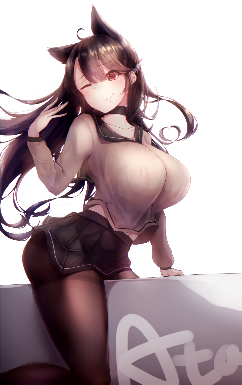 1girl, ;), ahoge, animal_ears, atago_(azur_lane), azur_lane, bangs, black_choker