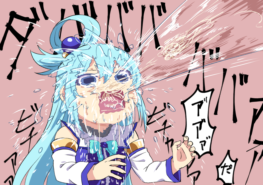 1girl, aqua_(konosuba), bare_shoulders, blue_eyes, blue_hair, blue_shirt, bow, breasts