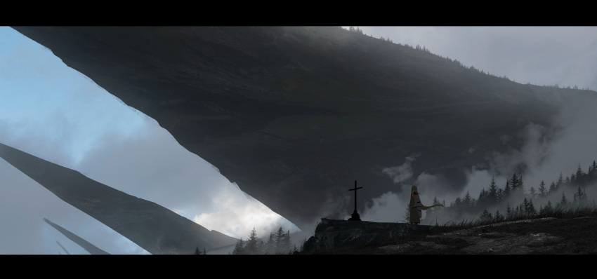 1girl, absurdres, asuteroid, blonde_hair, cliff, clouds, day, forest