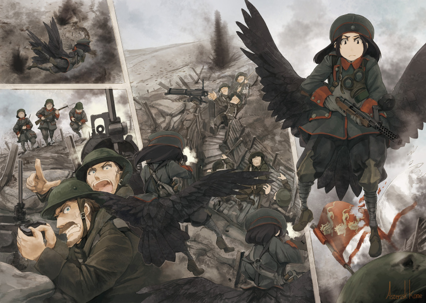 1girl, 6+boys, asterisk_kome, bayonet, black_hair, blue_eyes, brodie_helmet, comic, commentary_request, facial_hair, feathered_wings, firing, flag, flying, gas_mask, gun, hat, helmet, highres, holding, holding_gun, holding_weapon, military, military_hat, military_uniform, mp18, multiple_boys, mustache, original, right-to-left_comic, silent_comic, soldier, stahlhelm, submachine_gun, trench, uniform, vickers_machine_gun, war, weapon, wings