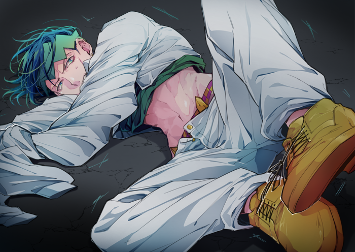 1boy, diamond_wa_kudakenai, green_eyes, green_hair, headband, jojo_no_kimyou_na_bouken, kishibe_rohan, long_sleeves, lying, male_focus, midriff, pants, senbiki_(nonono69), shirt, shoes, solo, spread_legs, white_pants, white_shirt