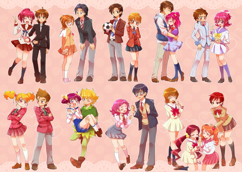 6+boys, 6+girls, aida_mana, aino_megumi, amano_hinase, ball, blush, bow, chinen_daisuke, crossed_arms, crying, dokidoki!_precure, food_themed_hair_ornament, fresh_precure!, fujimura_shougo, futari_wa_precure, futari_wa_precure_splash_star, glasses, hair_bow, hair_ornament, hanasaki_tsubomi, hands_together, happinesscharge_precure!, heartcatch_precure!, highres, hoshizora_miyuki, hug, hugtto!_precure, hyuuga_saki, kenjou_akira, kirakira_precure_a_la_mode, kneeling, kokoda_kouji, mishou_kazuya, misumi_nagisa, momozono_love, multiple_boys, multiple_girls, myoudouin_itsuki, necktie, nikaidou_takuya, nono_hana, peter_pan_(character), petting, precure, princess_carry, sagara_seiji, school_uniform, smile_precure!, soccer_ball, strawberry_hair_ornament, twintails, usami_ichika, v, yes!_precure_5, yoshino_(gunform), yumehara_nozomi
